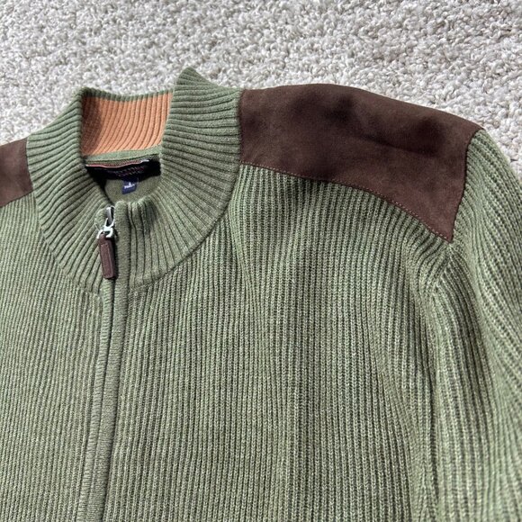 Roundtree & Yorke Sz L Green Full-Zip Ribbed Sweater With Suede Shoulder Patches - Picture 2 of 9